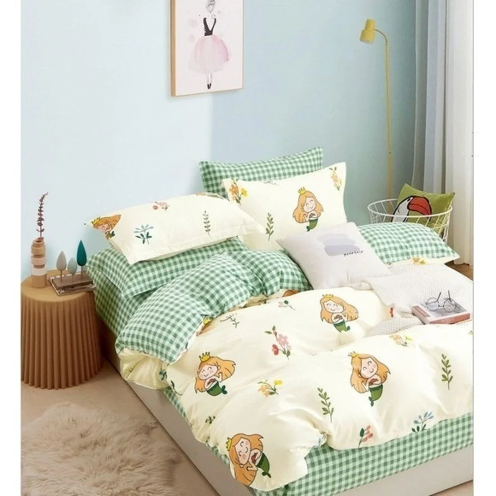 Kids Mermaid Comforter Set Cotton Green Gingham Reversible Cute All Season Queen
